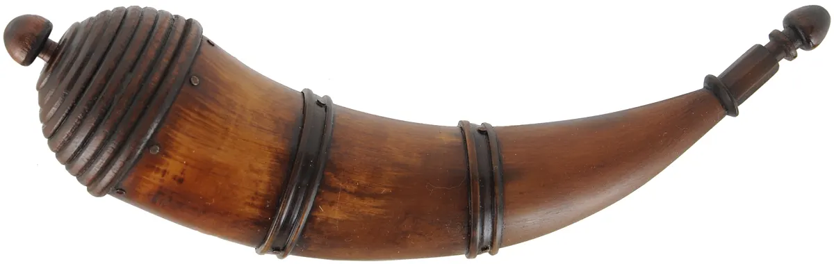 Powder Horn,
11-1/2", turned base,
paneled tip, two bands