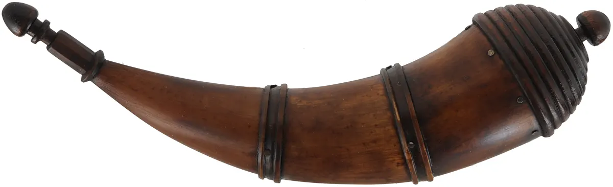 Powder Horn,
11-1/2", turned base,
paneled tip, two bands