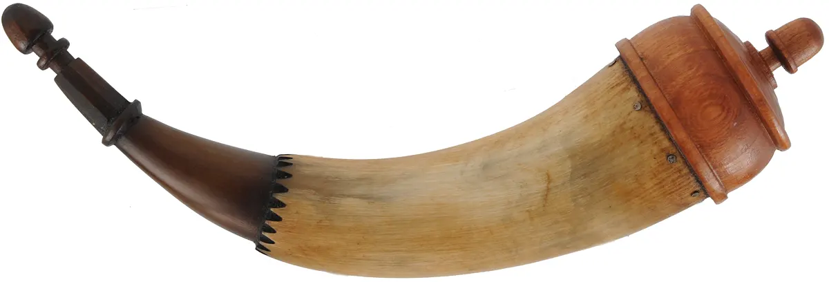 Powder Horn,
11-1/2", turned base,
engrailed, paneled tip