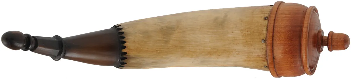 Powder Horn,
11-1/2", turned base,
engrailed, paneled tip