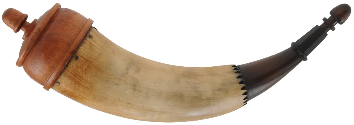 Powder Horn,
11-1/2", turned base,
engrailed, paneled tip