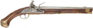 1740 era Prussian Dragoon Pistol, 
62 caliber smoothbore, 14-1/2" barrel,
flintlock, walnut, brass, 
used, by Leonard Day