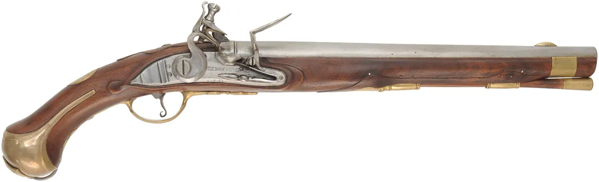 1740 era Prussian Dragoon Pistol, 
62 caliber smoothbore, 14-1/2" barrel,
flintlock, walnut, brass, 
used, by Leonard Day