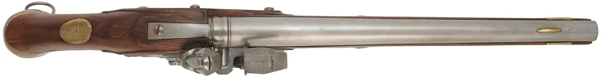 1740 era Prussian Dragoon Pistol, 
62 caliber smoothbore, 14-1/2" barrel,
flintlock, walnut, brass, 
used, by Leonard Day