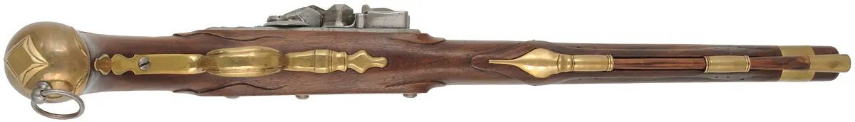 1740 era Prussian Dragoon Pistol, 
62 caliber smoothbore, 14-1/2" barrel,
flintlock, walnut, brass, 
used, by Leonard Day