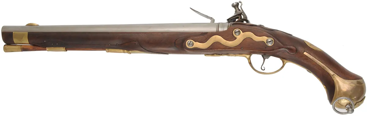 1740 era Prussian Dragoon Pistol, 
62 caliber smoothbore, 14-1/2" barrel,
flintlock, walnut, brass, 
used, by Leonard Day