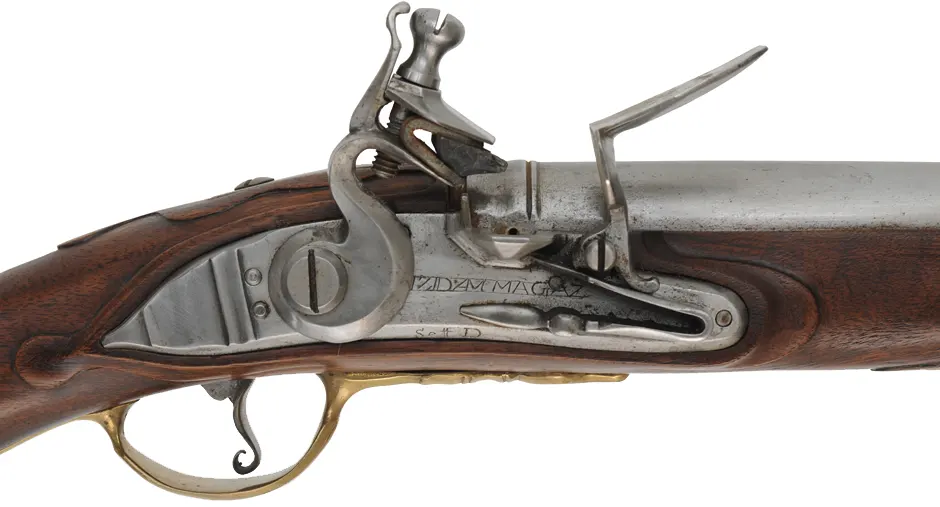 1740 era Prussian Dragoon Pistol, 
62 caliber smoothbore, 14-1/2" barrel,
flintlock, walnut, brass, 
used, by Leonard Day