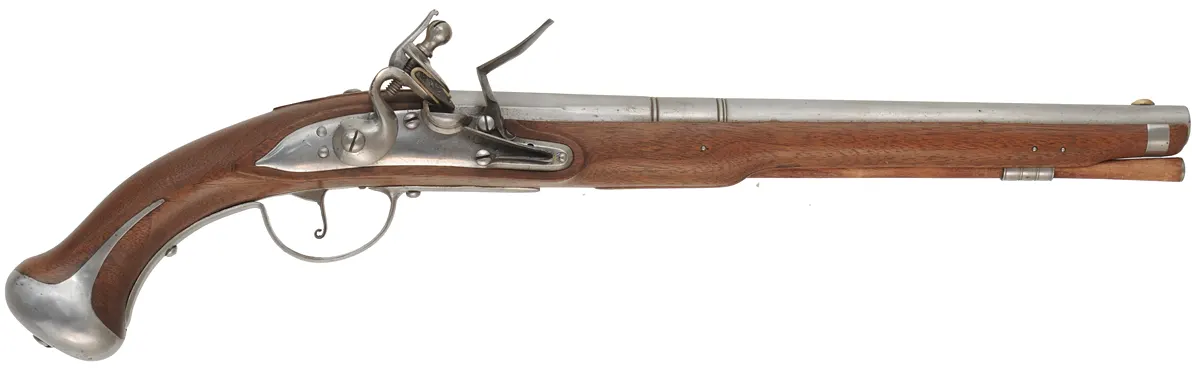 Holster Pistol,
.62 caliber smoothbore, 14-1/4" octagon-to-round barrel,
walnut, bright iron with a light patina, used 