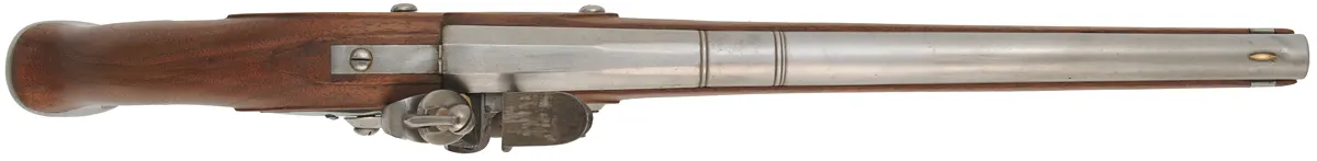 Holster Pistol,
.62 caliber smoothbore, 14-1/4" octagon-to-round barrel,
walnut, bright iron with a light patina, used 