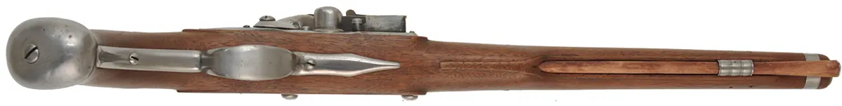Holster Pistol,
.62 caliber smoothbore, 14-1/4" octagon-to-round barrel,
walnut, bright iron with a light patina, used 