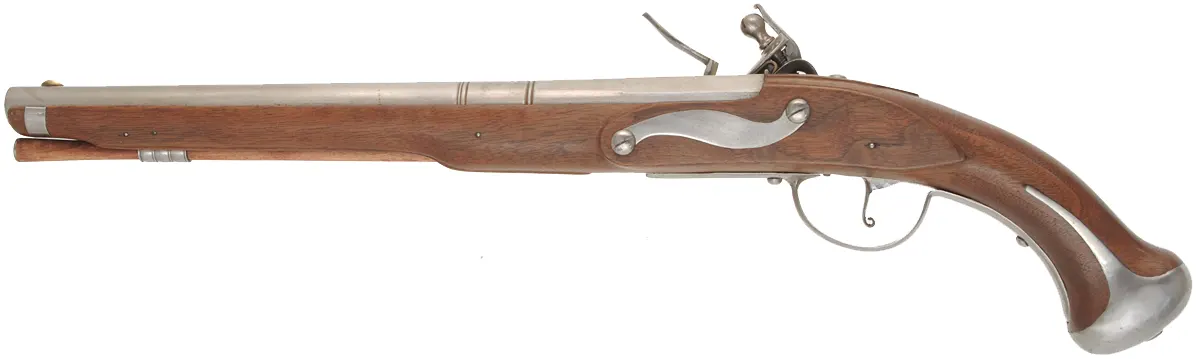 Holster Pistol,
.62 caliber smoothbore, 14-1/4" octagon-to-round barrel,
walnut, bright iron with a light patina, used 