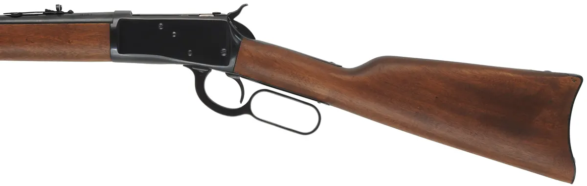 Winchester Model 1892 Rifle,
caliber .45 Colt, 20" barrel,
two rings in bore, blued, hardwood stained as walnut,
sold as-is, by Rossi
