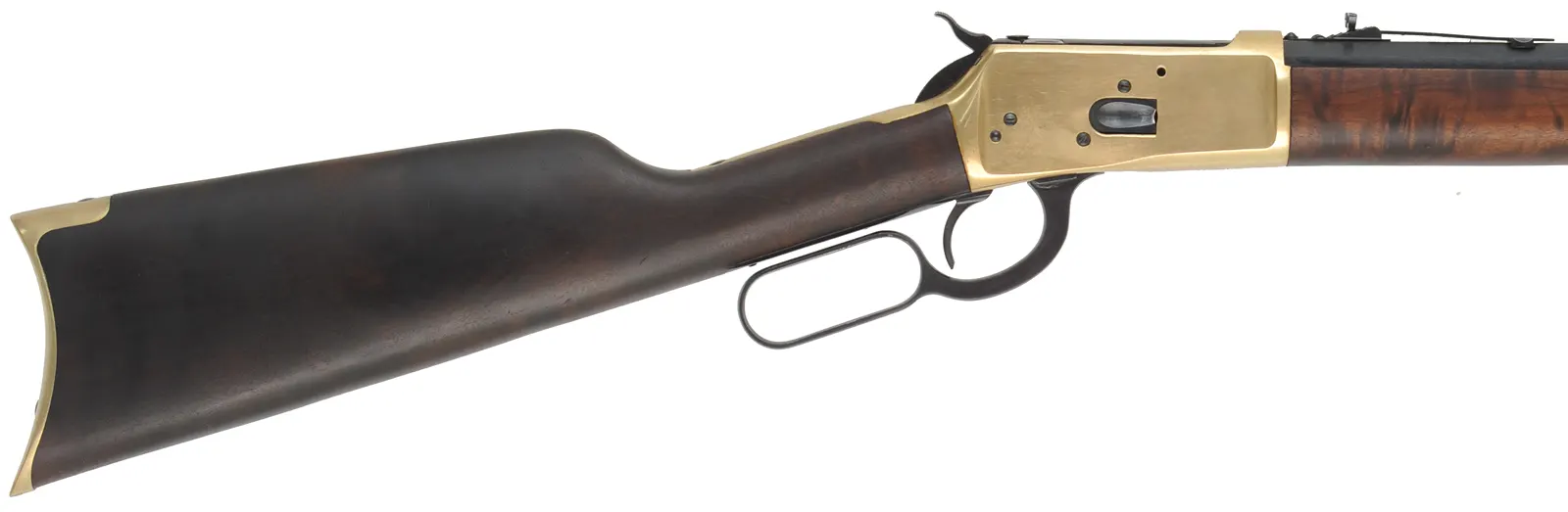 Model 92 Puma Rifle,
caliber .45 Colt, 24" barrel,
brass frame and furniture, blued, 
hardwood stained as walnut,
used, by Rossi