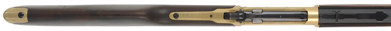 Model 92 Puma Rifle,
caliber .45 Colt, 24" barrel,
brass frame and furniture, blued, 
hardwood stained as walnut,
used, by Rossi