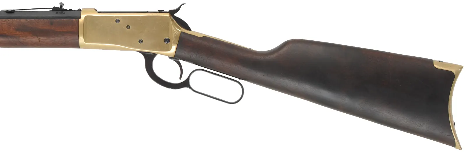 Model 92 Puma Rifle,
caliber .45 Colt, 24" barrel,
brass frame and furniture, blued, 
hardwood stained as walnut,
used, by Rossi