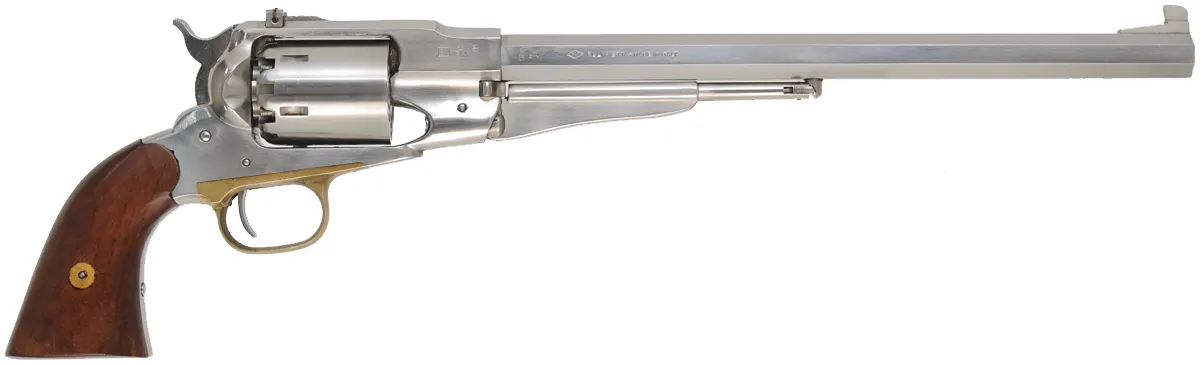 1858 Remington Bison Revolver
.44 caliber, 12" barrel,
percussion, stainless steel frame, 
target sights, holster, used, by Pietta.