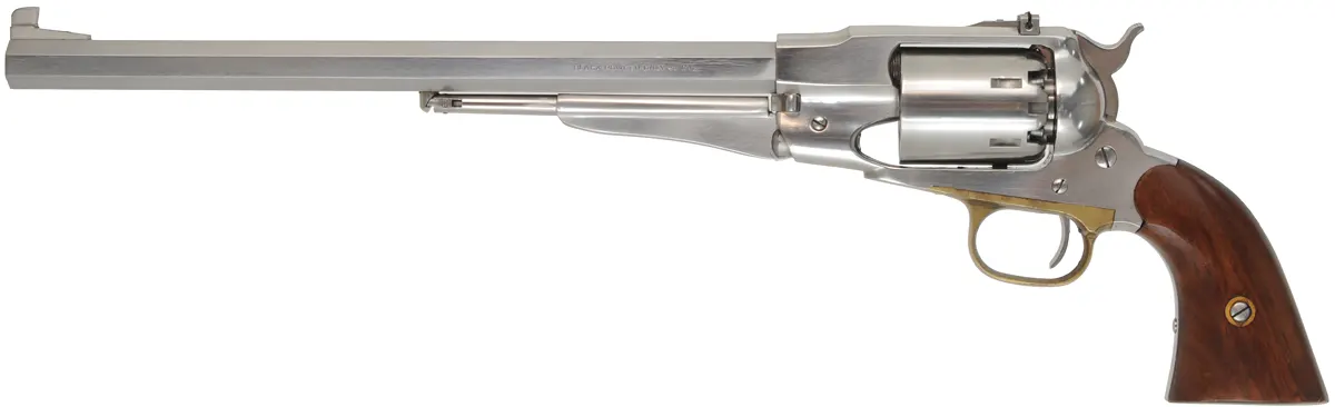 1858 Remington Bison Revolver
.44 caliber, 12" barrel,
percussion, stainless steel frame, 
target sights, holster, used, by Pietta.
