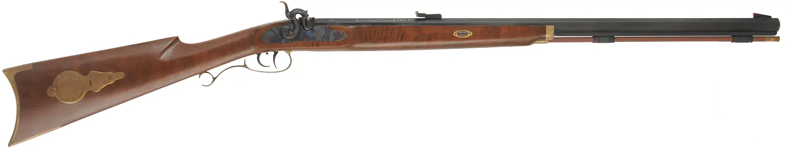 Thompson Center Seneca Rifle,
.36 caliber, 27" barrel,
percussion, walnut, brass, 
fiberglas ramrod, dismounted T/C peep sight, used