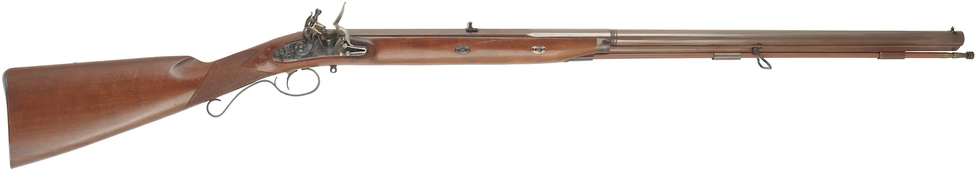 Mortimer Rifle,
.54 caliber, 35-1/2" octagon-to-round barrel,
flintlock, checkered walnut, iron trim, 
used, by Davide Pedersoli