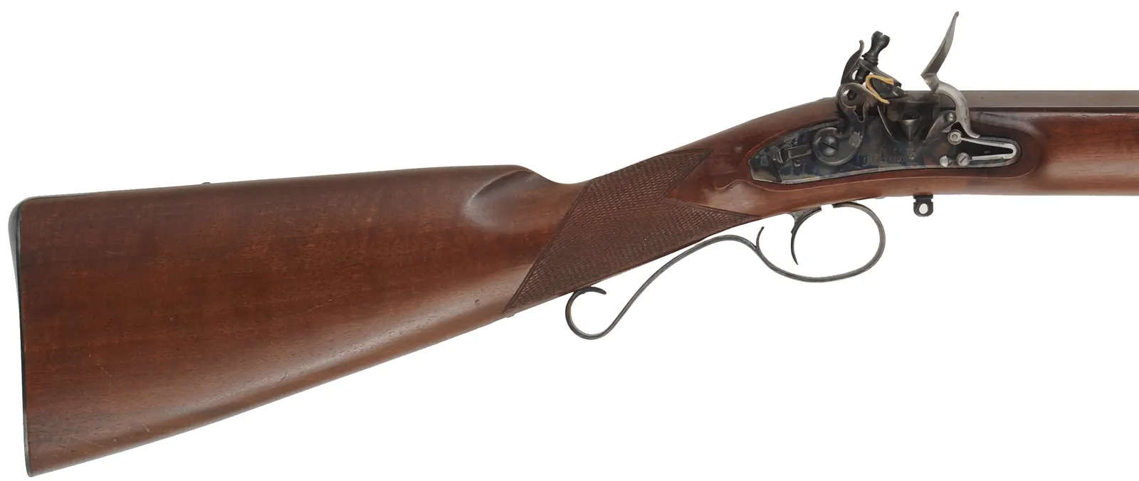 Mortimer Rifle,
.54 caliber, 35-1/2" octagon-to-round barrel,
flintlock, checkered walnut, iron trim, 
used, by Davide Pedersoli