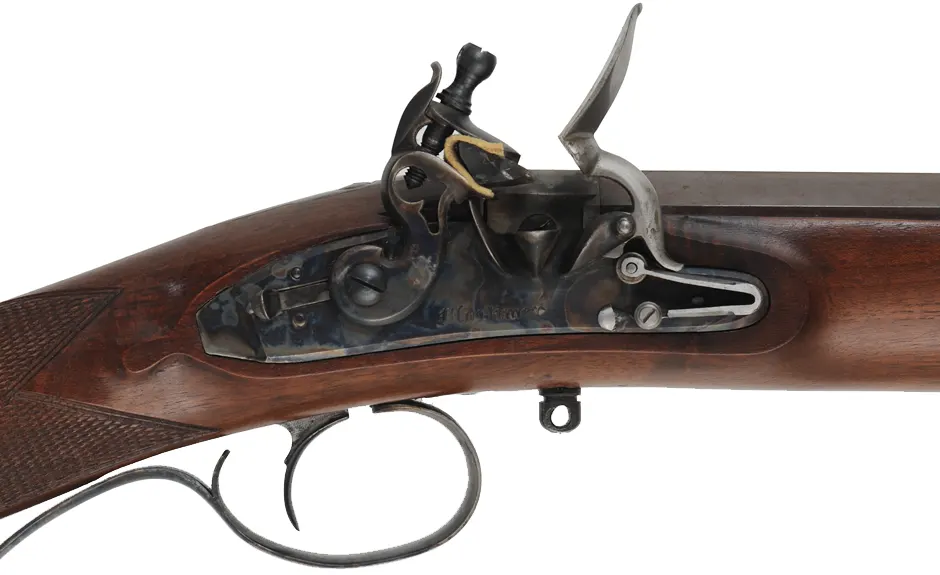 Mortimer Rifle,
.54 caliber, 35-1/2" octagon-to-round barrel,
flintlock, checkered walnut, iron trim, 
used, by Davide Pedersoli