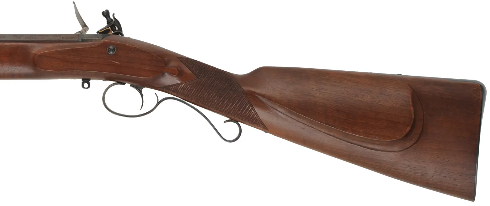 Mortimer Rifle,
.54 caliber, 35-1/2" octagon-to-round barrel,
flintlock, checkered walnut, iron trim, 
used, by Davide Pedersoli
