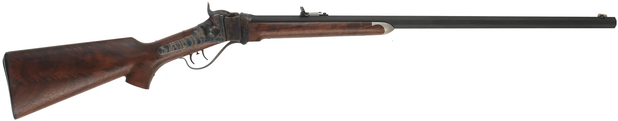 1874 Sharps No. 3 Sporting Rifle,
caliber .45-70 Gov't., 30" octagon barrel, 
pistol grip, walnut,  pewter forend cap,
blade and buckhorn sights, used, by Shiloh Sharps