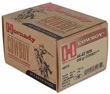 .44-40 WCF Cowboy Ammunition,
205 grain Cowboy swaged lead bullet, 20 per box,
Hornady