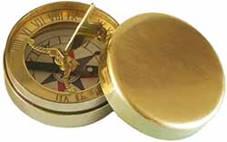 Compass,
replica 1750 era, with Sundial,
solid brass, 1-3/4" diameter,
made in the U. S. A.