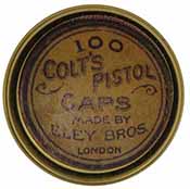 Cap box, 1-3/4" diameter, 
empty, with antique style label marked, 
100 Colt's Pistol Caps, Made by Eley Bros., London
