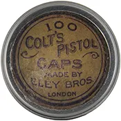 Cap box, 1-3/4" diameter, 
empty, with antique style label marked, 
100 Colt's Pistol Caps, Made by Eley Bros., London