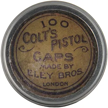 Cap box, 1-3/4" diameter, 
empty, with antique style label marked, 
100 Colt's Pistol Caps, Made by Eley Bros., London