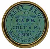 Cap box, 1-3/4" diameter, 
empty, with antique style label marked, 
Eley Bros. Manufacturers London, 100 Metal-lined Caps Made expressly for Colt's Pt. Belt and Pocket Pistols