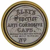 Cap box, 1-3/4" diameter, 
empty, with antique style label marked, 
Eley's Superior Anti Corrosive Caps, Warrented Neither to Miss Fire or Fly to Pieces No.