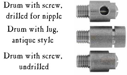 Machined from solid steel and offred with lug for installation, or drilled for a clean-out screw, included. We offer 7/16" drums for use with the Bedford, small Siler, and other small locks, and 1/2" drums for the large Siler, most L&R locks, and others. Drums predrilled for the nipple are are threaded for 1/4-28 nipples, unless specified otherwise. We suggest that you order your drum not drilled for nipple. Use our Drum Drilling Jig to install the nipple. It is very easy to use our jig to drill and tap the nipple, but it is often difficult to index a pre-drilled drum to the exact desired position. Machined from solid steel and offred with lug for installation, or drilled for a clean-out screw, included. We offer 7/16" drums for use with the Bedford, small Siler, and other small locks, and 1/2" drums for the large Siler, most L&R locks, and others. Drums predrilled for the nipple are are threaded for 1/4-28 nipples, unless specified otherwise. We suggest that you order your drum not drilled for nipple. Use our Drum Drilling Jig to install the nipple. It is very easy to use our jig to drill and tap the nipple, but it is often difficult to index a pre-drilled drum to the exact desired position.