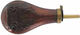 Used Powder Flask,
Colt style embossed stand-of-flags,
for Army & Navy percussion revolvers,
used, some patina, accepts 10-1mm threads. Image is a stock photo