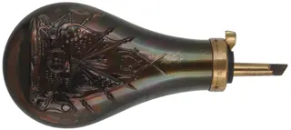 Used Powder Flask,
Colt style embossed stand-of-flags,
for Army & Navy percussion revolvers,
used, some patina, accepts 10-1mm threads. 