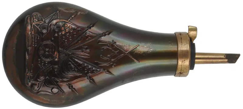 Used Powder Flask,
Colt style embossed stand-of-flags,
for Army & Navy percussion revolvers,
used, some patina, accepts 10-1mm threads. 