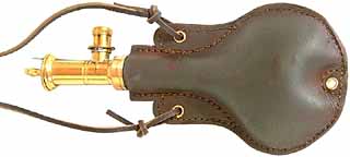 Shot flask,
adjustable brass
Irish charger head,
molded oak tan leather body