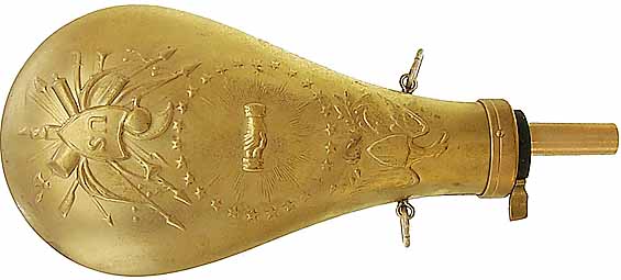 Powder Flask, U. S. Model 1855 Peace & Friendship, brass, with lanyard  rings accepts 10-1mm threaded spouts - Track of the Wolf