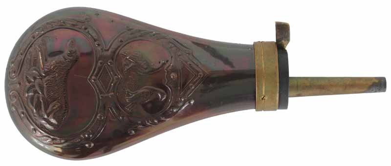 Used ~ Powder Flask,
Remington Pistol style flask,
brass, with patina finish,
used, accepts 10-1mm threads, image is a stock photo