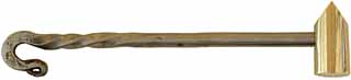 Knapping hammer,
for flint lock shooters,
brass head, forged iron handle,
overall length is 4-3/4",
for resharpening gun flints instantly.