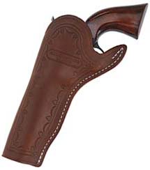 Slim Jim Holster, left hand cross draw,
5-1/2" barrel, brown leather,
fits Colt Single Action Army revolvers and others