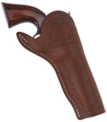 Slim Jim Holster, right hand cross draw,
5-1/2" barrel, brown leather,
fits Colt Single Action Army revolvers and others