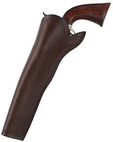 Slim Jim Holster, left hand cross draw, 
8" barrel, brown leather, 
for percussion Army and Navy revolvers