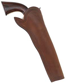 Slim Jim Holster, right hand cross draw, 
8" barrel, brown leather, 
for percussion Army and Navy revolvers