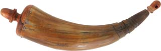 Primitive Rifleman's Powder Horn,
real cow horn, hand polished, 
turned wooden butt plug and stopper,
carved neck, over 11" arc length,
with a worn antiqued patina finish