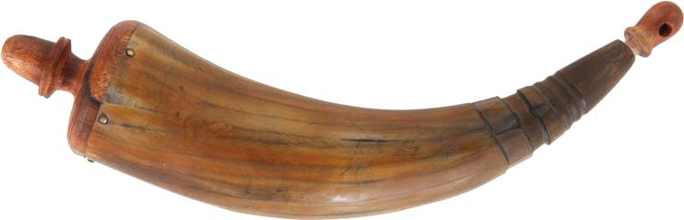 Primitive Rifleman's Powder Horn, real cow horn, hand polished, turned  wooden butt plug and stopper, carved neck, over 11 arc length, with a worn  antiqued patina finish - Track of the Wolf