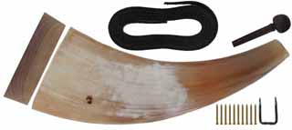 Flat Powder Horn Kit,
large, polished, unfinished,
includes; horn, base, stopper, strap,
staple, nails, and instructions, ready to assemble