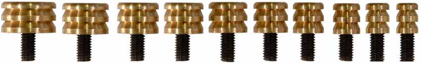 Complete Set Brass Button Cleaning Jags:
.32, .36, .38, .40, .44, .45, .50, .54, .58 and .62 caliber,
8-32 threaded steel shank Complete Set Brass Button Cleaning Jags:
.32, .36, .38, .40, .44, .45, .50, .54, .58 and .62 caliber,
8-32 threaded steel shank
